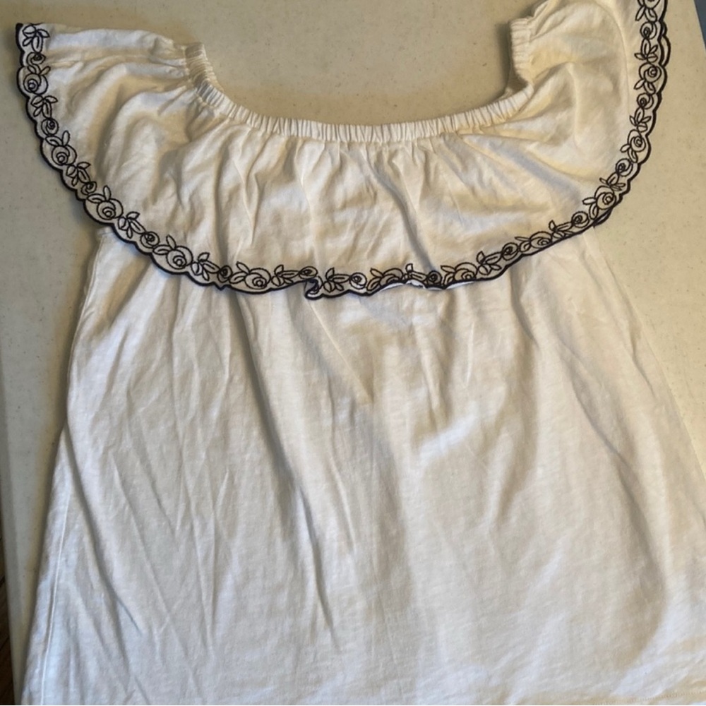 J. Crew Cream Off-Shoulder Blouse with Black Embroidery, size M